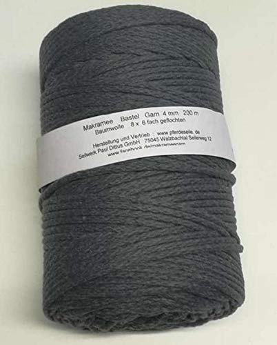 Makrameegarn Makramee Baumwollgarn Bastelgarn ANTHRAZIT/dunkelgrau 200 Meter 4 mm - geflochten