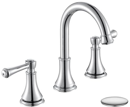 TimeArrow Chrome Two Handle 8 inch Widespread Bathroom Sink Faucet 3 Holes with Pop-Up Drain, High Arc Modern Bathroom Vanity Faucet with Brass 360° Swivel Spout,TAF830Y-CP
