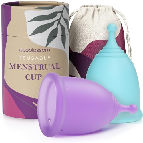 EcoBlossom Reusable Menstrual Cup Multipack - The Most Reliable Medical Grade Silicone Period Cups - Comfortably Use for 12 Hours. Set of 1 Large, Pink Cup and 1 Large Blue Cup.