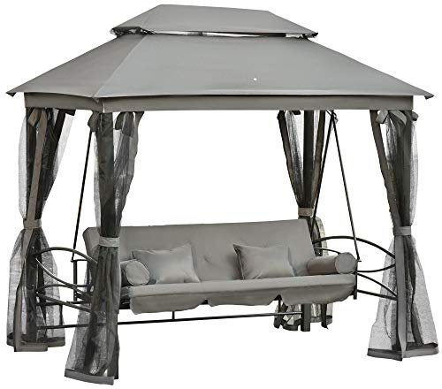Outsunny Dondolo 3 Posti e Lettino Singolo Copertura a Gazebo con Zanzariera e Cuscini 256x172x248cm Grigio Scuro