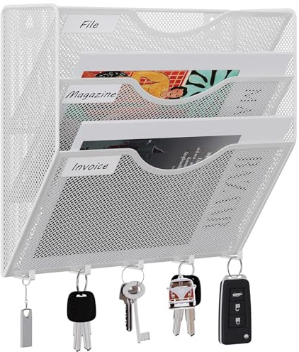EasyPAG 3 Compartimento Metal A4 Soporte Revistas Pared Oficina Archivador De Pared Organizador Documentos Correo Pared Almacenamiento Archivos Revistero con 5 Ganchos,Blanco