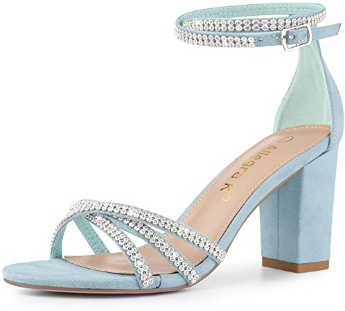 Allegra K Women's Rhinestone Ankle Strap Chunky Sky Blue Heel Sandals 8 M US