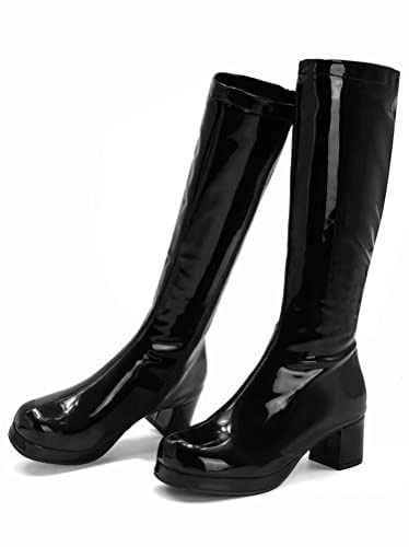 ORANDESIGNE Stivali in Vernice Donna Scarpe a Punta al Ginocchio Stivali Alti Stivali da Motociclista Moda Stivali a Punta Tonda Sexy Stivali con Tacco Grosso Autunno Inverno B Nero 42 EU