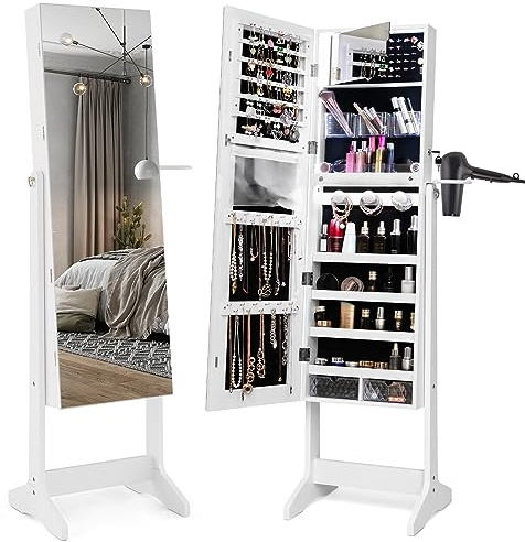 COSTWAY Armoire à Bijoux sur Pied avec Miroir Pleine Longueur, LED 3 Couleurs, Verrouillable, Miroir Intérieur, avec Support de Sèche-Cheveux et Boîtes Acrylique pour Chambre, Vestiaire, Blanc