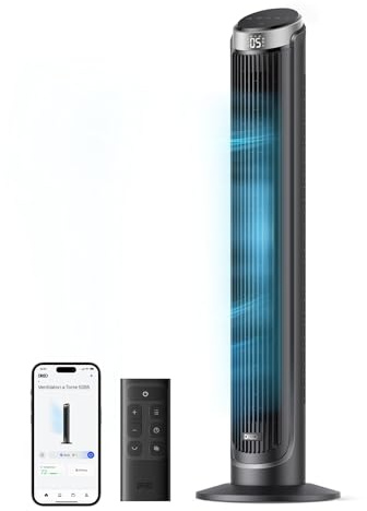 DREO Smart Tower Fan for Bedroom, 90° Oscillating 40 Standing Fan, 7.9m/s High-Speed 5 Speeds 4 Modes, Quiet Room Floor Fans, Touch/Remote/APP & Voice Control, Work with Alexa, 12H Timer, Silver