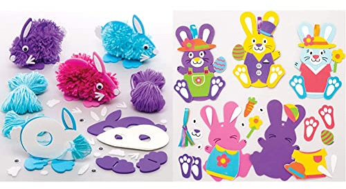 Baker Ross Bunny Pom Pom Kits - Pack of 3 Easter Crafts for Kids, Mix & Match Decorations - Pack of 8