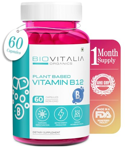 Biovitalia Organics Plant Based Vitamin B12 Capsule for Men & Women | Dietary Supplement | Supports Brain Health & Promotes Metabolism | Energy Booster - 60 Vegan Capsules