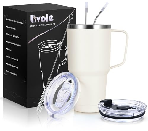 Livole 30oz 900ml Doppelwandig Thermobecher mit Strohhalm und Henkel, Edelstahl Isolierter Camping Becher mit Henkel, Griff, Kaffeebecher to go Thermo, Trinkbecher für Kaffee, Cocktail, Wollweiß