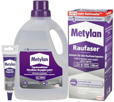 Metylan Raufaser, Tapetenkleister für Raufasertapete (1x360g) & Metylan Naht- und Reparaturkleber (1x60g) & Metylan Tapetenablöser Aktiv-Konzentrat, löst problemlos (1x 1l)