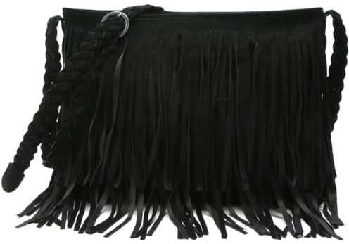 PACKOVE Leder Franse Umhängetaschen Cowboy Handtasche Damen Crossbody Hobo Schultertasche Fransen Tasche Schwarz Damen Umhängetaschen Tassels
