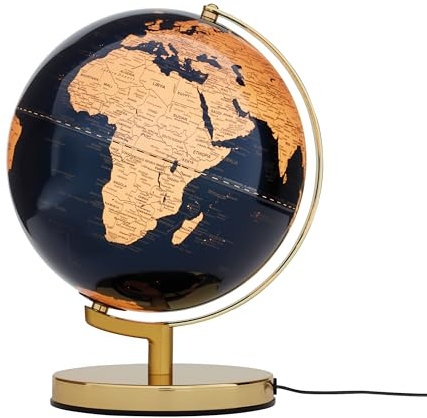 Globus mit 25 cm Durchmesser – TERRA LIGHT – integrierte Beleuchtung – verchromter Metallfuß – bewegliche Achse – dunkelblau, goldfarben – TROIKA Original