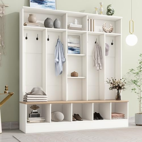 LUMISOL Wide Hall Tree with Storage Bench, 66.9 Inch Large Entryway Coat Rack with 8 Hooks, Shoe Cabinet with Cube Storage and Shelves for Mudroom Living Room, White