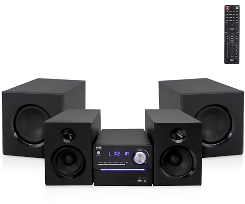 Pyle P.M.P.O CD/DVD Stereo System, 5-pc Wireless BT Streaming 6 Ohm Two-Way Wooden Speaker Box and Subwoofer, Digital Amplifier IC with MP3, USB, FM Radio, Bass Reflex Speaker