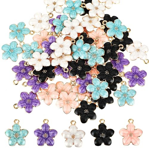 Andibro Emaille Blumen Anhänger, 50 Stück Kirschblüten Emaille Charm 5Stil Niedliche Kleine Blumenanhänger Blumen Themen Goldene Legierung Charm für Halskette Ohrring Armband Diy Basteln