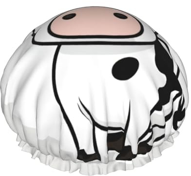 MyPiky Gorro de ducha con estampado de vaca de leche de dibujos animados, gorro de baño elástico y reutilizable para cabello largo, gorro de ducha grande impermeable, para mujeres, hombres y niños