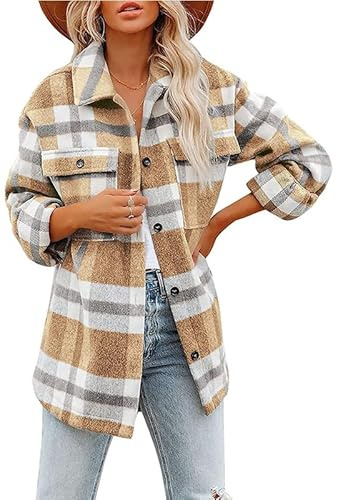 YUNDAI Womens Flannel Checked Shirts Long Sleeve Plaid Shacket Lapel Button Down Blouses Jacket Coats with Pockets, Large Khaki