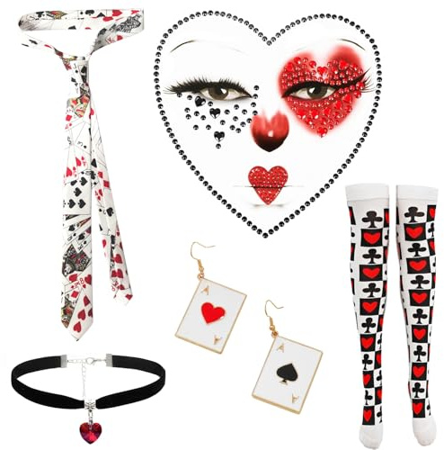 WanderGo Spielkarten Kostüm 7 Stück Herzkönigin Kostüm Damen Karneval Casino Outfit Zubehör mit Pokerkarten Halterlose Strümpfe Krawatte Ohrringe Choker Halsband