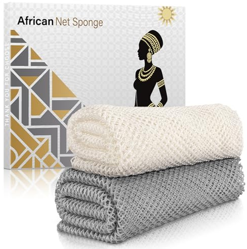 ACLMFUP Real African Net Sponge - 2 Pieces Authentic Exfoliating Body Scrubber - Gentle for All Skin Types, Durable & Easy Rinse (White & Gray)