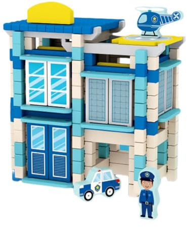 Almencla Set di Costruzioni in Legno per Bambini: Giocattolo Educativo di Ingegneria, Un'Esperienza di Costruzione Pratica Unica per Bambini, Stazione di Polizia