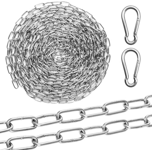 Stainless Steel Chains, Metal Chain Heavy Duty Chain Links, 1.5mm x 6M Stainless Steel Link Chains Security Chainsfor Fence Door Swing Lift Gate Bike Chainswith 2 Carabiners
