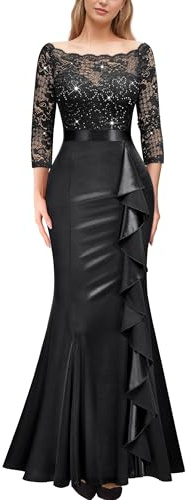 MIUSOL Women's Elegant 3/4 Sleeve Lace Sequin Ruffle Fishtail Wedding Banquet Party Maxi Dress (XX-Large, Black)