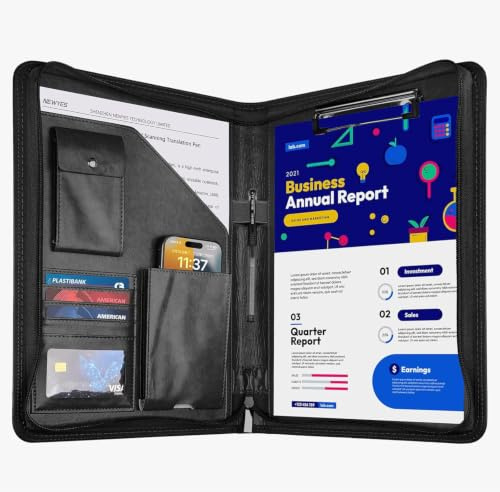 GUYUCOM Leather Zipper Conference Folder, A4, Travel Document Folder, Portfolio Travel Wallets, Black