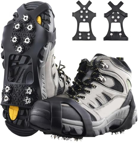 Crampones para Zapatos y Botas, 1 par crampones Tacos de Hielo con 10 Clavos de Acero Inoxidable, agarres para Nieve, Calzado elástico, tracción para Pesca en Hielo, Senderismo, Escalada (Plata, L)