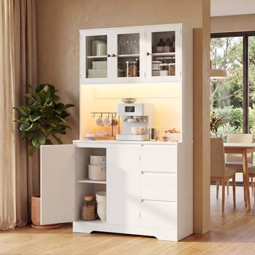 Xbro Credenza Cucina con LED e Presa Integrata, Coffee Station con Vano Microonde, Mobile Dispensa Salvaspazio con 5 Ante 3 Cassetti e Ante in Vetro, per Cucina Sala da Pranzo Soggiorno, 100x40x180 cm