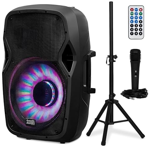 Acoustic Audio by Goldwood 1000W Bluetooth Speaker w/ Flashing LED, Large Plug-In PA System w/ Stand, Mic, & Remote for Karaoke, DJ, or Tailgate Party
