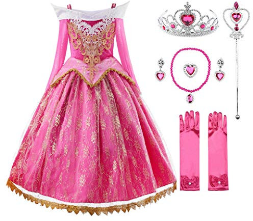 JerrisApparel Fille Princesse Dentelle Costume Robe Cosplay Fête Déguisement (4 ans, Rose Avec Accessoires)