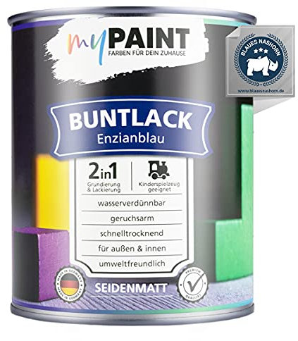 myPaint 2in1 Buntlack Seidenmatt (750ml Enzianblau / Blau RAL 5010) – Wetterfeste Holzfarbe Holzlack Küchenmöbellack. Getrocknet auch für Kinderspielzeug. Schnelltrocknend, Für Innen Außen