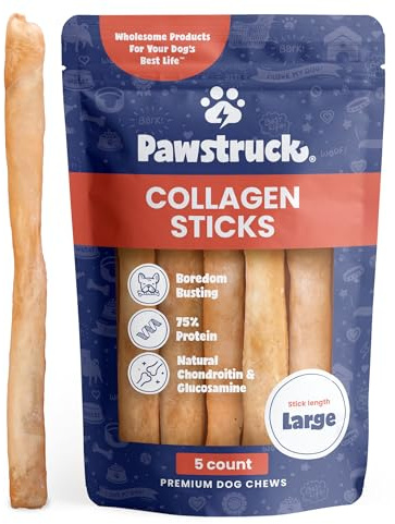 Pawstruck Barres de collagène de bœuf Naturel de 30,5 cm pour Chiens : Alternative Durable au Cuir Brut, friandises Riches en protéines avec chondroïtine et glucosamine (Lot de 5), 32 g