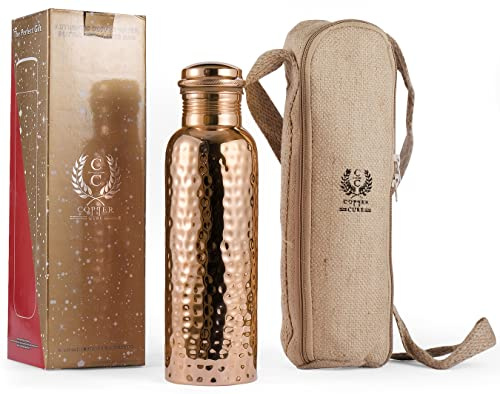 Pure Copper Water Bottle 34 Ounce with Jute Carry Bag – Hammered Leakproof Ayurvedic Copper Vessel for Drinking Water - Reusable Bottle for Home, Office, Gym, Travel & Gifting