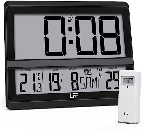LFF Atomuhr mit Großem Display, Digitale Wanduhr mit Temperatur Datum Innen Außen, Drahtloser Außensensor, Akkubetriebene Digitale Funkuhr mit Wecker für Schlafzimmer, Leicht Ablesbar, Schwarz