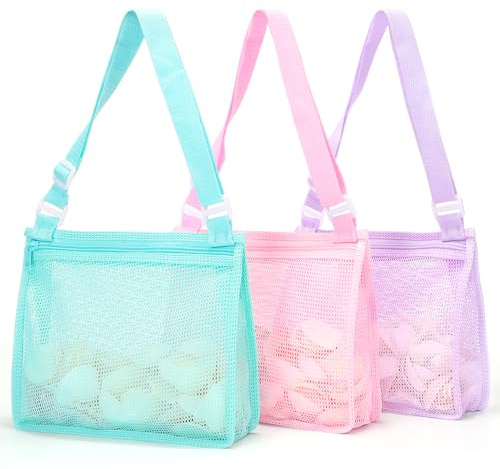 Tagitary Beach Toy Mesh Beach Bag Sand Toy Seashell Bag for Holding Shells Pool Bag with Zipper Swimming Accessories for Kids Boys and Girls(Only Bags,A Set of 3)