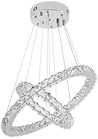 TRMLBE 48W Lampadario LED Lampadario moderno in cristallo Lampada a sospensione regolabile in altezza con due anelli per soggiorno Sala da pranzo Corridoio - Bianco freddo