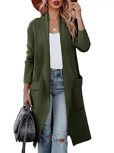 Uusollecy Strickjacke Damen Lang Herbst Drapiert Open Front Cardigan Warm Winter Strickmantel mit Taschen, Olivgrün S