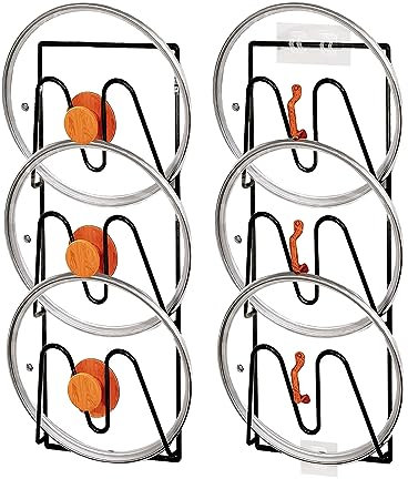 Whtawtaw 2 Pack Pot Lid Organizer Rack, 6-Tier V-Wall Pot Lid Holder, No Drilling Adhesive Cabinet Door/Wall Mounted Pot Cover Rack, Kitchen Shelf for Pots and Pans (Black)