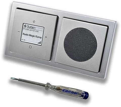 Busch Jäger iNet Internet Unterputz Radio 8216U PUR Edelstahl, Komplett-Set mit Lautsprecher, Abdeckungen und Rahmen + EBROM Phasenprüfer zur Montage der Geräte - 8216 U Internetradio