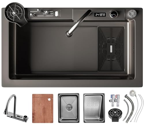 Lavando da cucina con cascata, 75 x 45 cm, rubinetto a cascata led, tagliere scorrevole e lavapiatti ad alta pressione, compatto e multifunzionale
