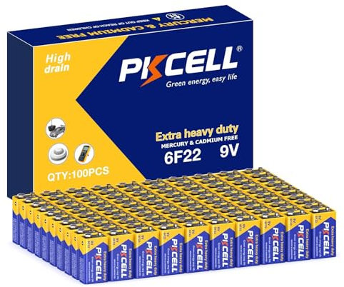 PKCELL Pile 9V 6F22 carré Haute Performance pour détecteurs de fumée,Voiture télécommandée,Lot de 100