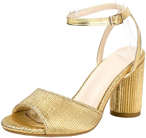 SJJH Sandalias de mujer con tacones de bloque y peeptoe – Material Bling Dressy Tacones, dorado, 34 EU