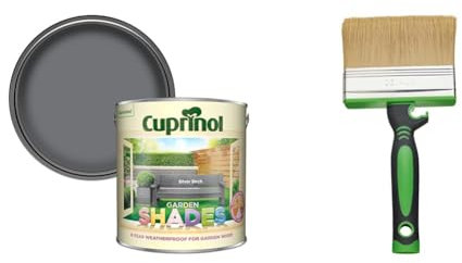 Cuprinol 5244438 Garden Shades Exterior Woodcare, Silver Birch, 2.5L & Fit for The Job 4 inch Large Capacity Shed and Fence Block Brush for Rapid Painting of Sheds & Fence