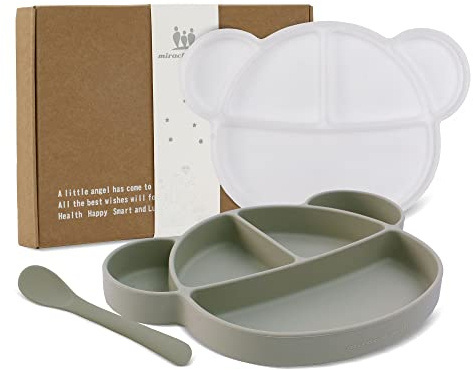 Miracle Baby Plato de Silicona con Ventosa para Bebé, Plato Antideslizante con Tapa y Cuchara, Plato Infantil para Niñas y Niños, Sin BPA y Apto para Lavavajillas (Verde Claro)