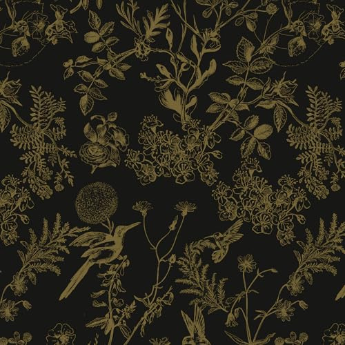 Yomshi Self-Adhesive Vintage Black and Gold Bird Pattern Wallpaper - 44CM×6M for Living Room, Bedroom, Cabinet