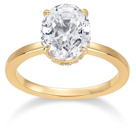 PAVOI 14K Yellow Gold Plated Oval Engagement Ring for Women - Hidden Halo 2.5CT Cubic Zirconia Promise Band - Wedding Band - Fake Engagement Ring - Size 9
