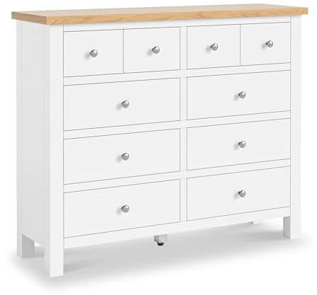 RoselandFurniture Farro White Large Bedroom Chest of Drawers | 4 Over 6 Drawer Storage with Oak Top | Ready Assembled Wide Wooden Chest of Drawers