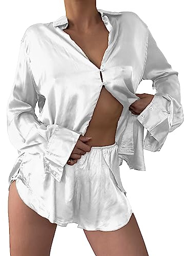Famulily - Set di pigiami da donna in raso, a maniche lunghe, con camicia e pantaloncini, set da salotto con bottoni per il sonno, bianco, L