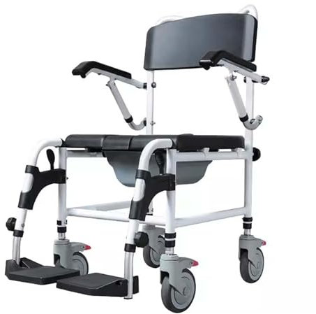 HUNTFF Chaise de Douche roulante, Chaise percée de Chevet, Chaise percée de Transport avec 4 Roues silencieuses verrouillables, Toilettes Portables, Fauteuil Roulant de Douche pour Adultes