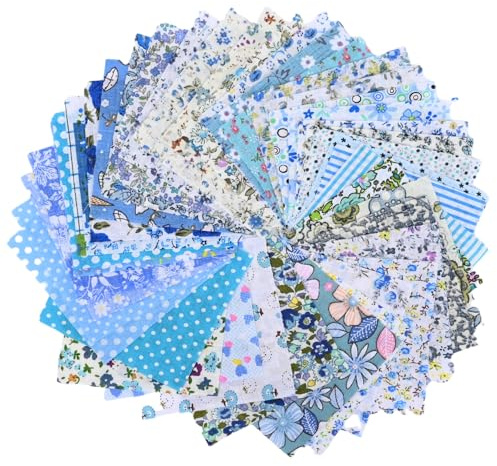 NECXON 50 Stück Baumwoll-Bastelstoff-Bündel, Fat Quarters, Nähstoff, Gingham-Stoff, Patchworkstoff mit Blumenmuster, zum Nähen, Quilten, Basteln, DIY (Blau, 10 x 10 cm)